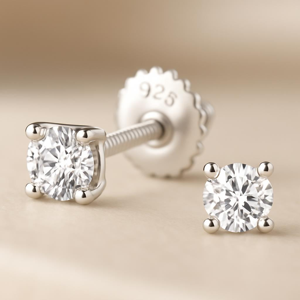 In Season Jewellery hypoallergenic kids earrings screw back with clear round stones in silver settings