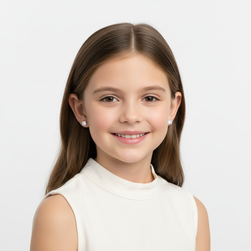 Happy girl wearing hypoallergenic kids earrings screw back from In Season Jewellery with clear gemstone studs