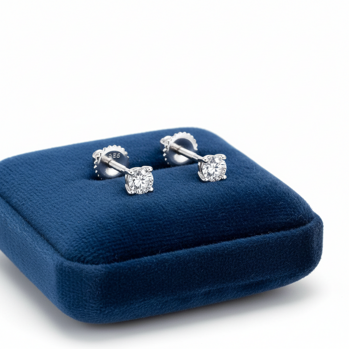 In Season Jewellery hypoallergenic kids earrings screw back with sparkling clear stones on blue cushion