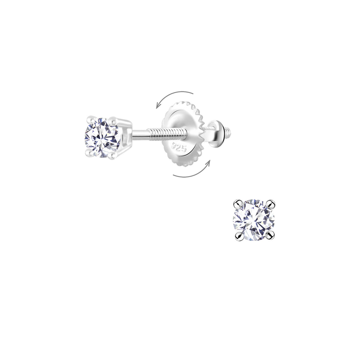In Season Jewellery hypoallergenic kids earrings screw back with clear round gemstones in silver setting