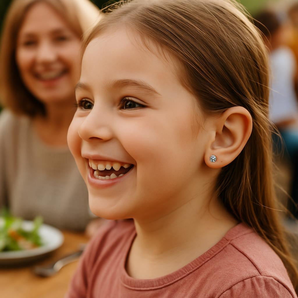 Young girl wearing hypoallergenic kids earrings screw back from In Season Jewellery with a joyful smile