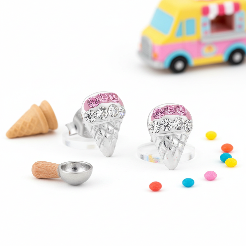 Melchior Jewellery ice cream stud earrings for kids with pink and clear crystals on silver cones