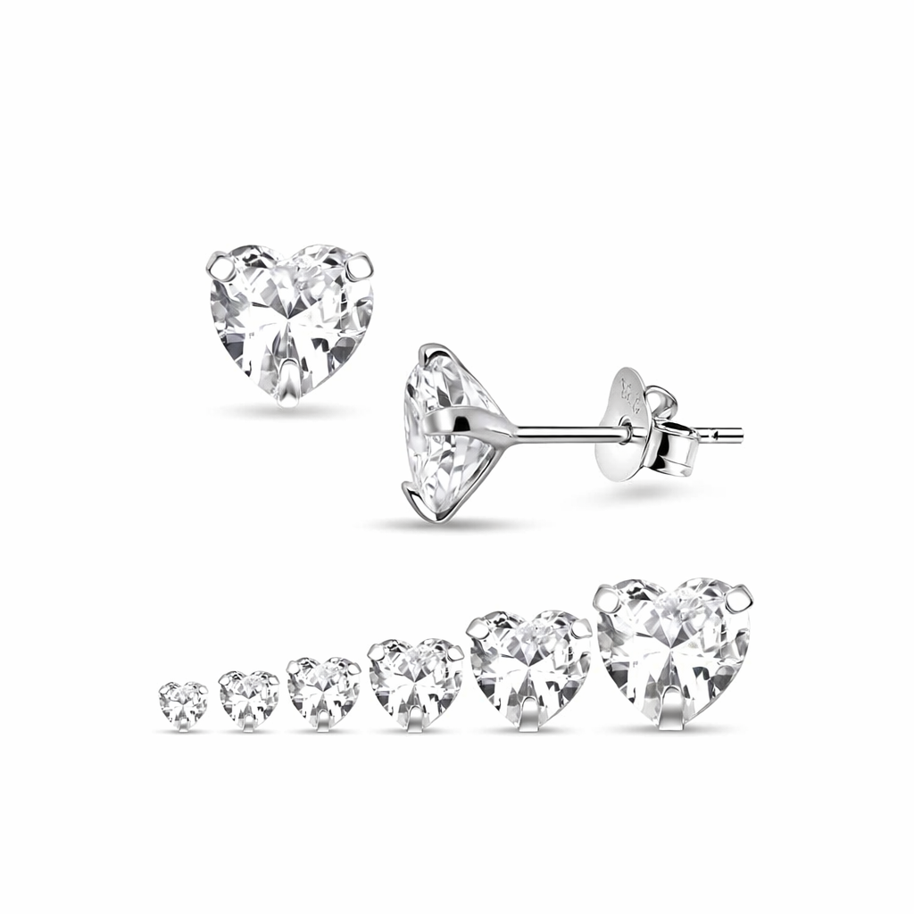 Melchior Jewellery Icon Heart Stud Earrings in silver with sparkling heart-shaped crystals in multiple sizes