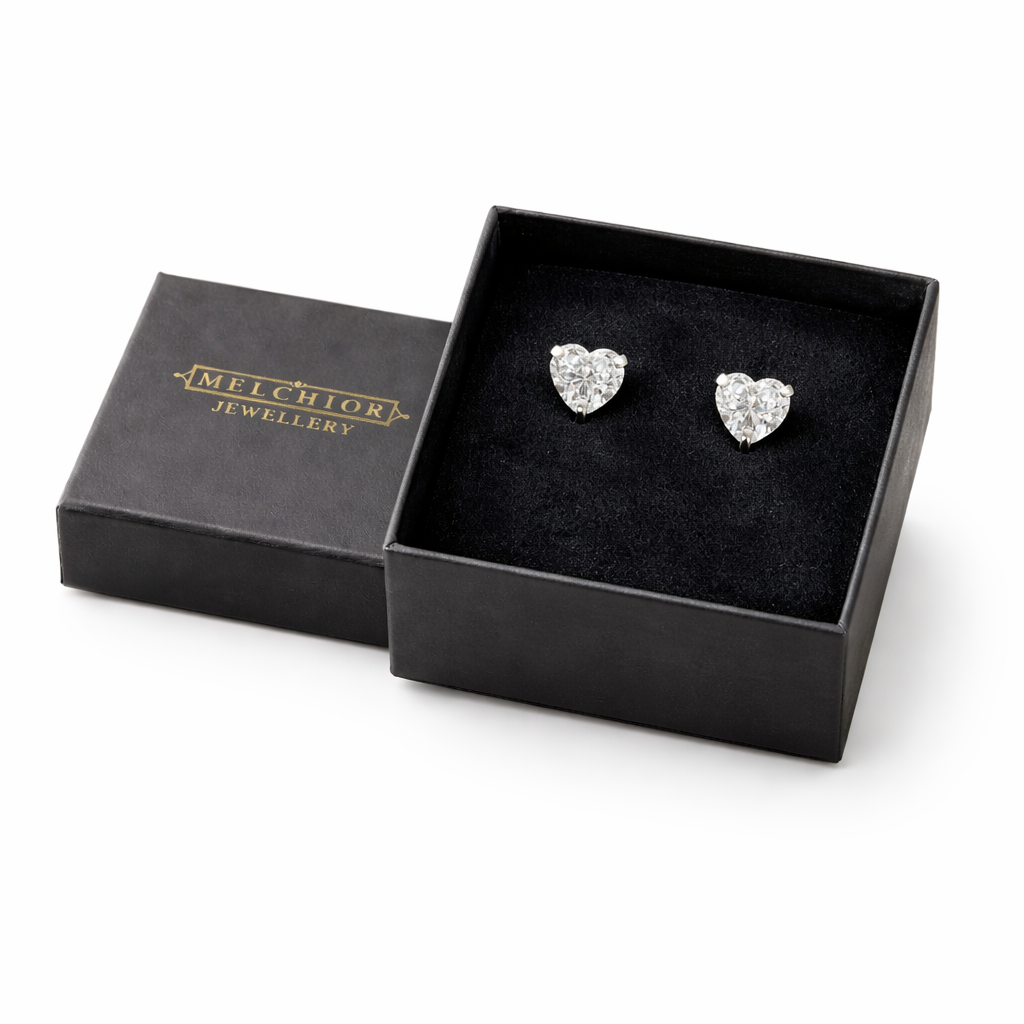 Melchior Jewellery Icon Heart Stud Earrings sparkling in black gift box for women