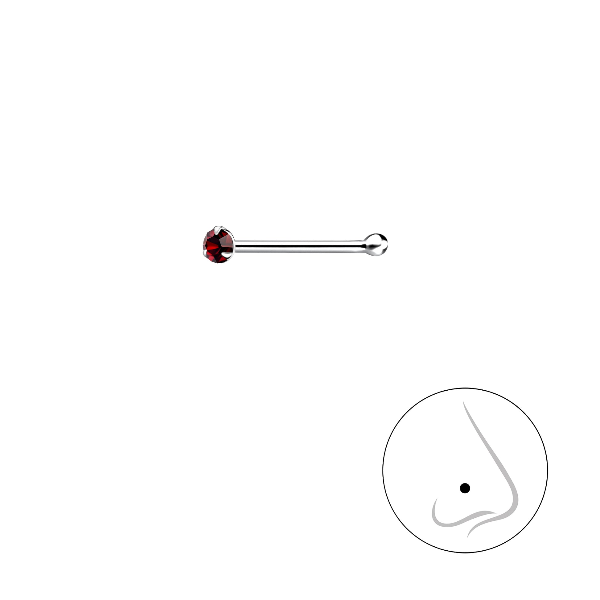 Melchior Jewellery 1.5mm coloured nose piercing silver stud with red crystal and nose placement diagram