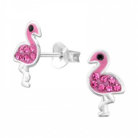 Melchior Jewellery children's sterling silver flamingo earrings pink enamel studs with crystal accents