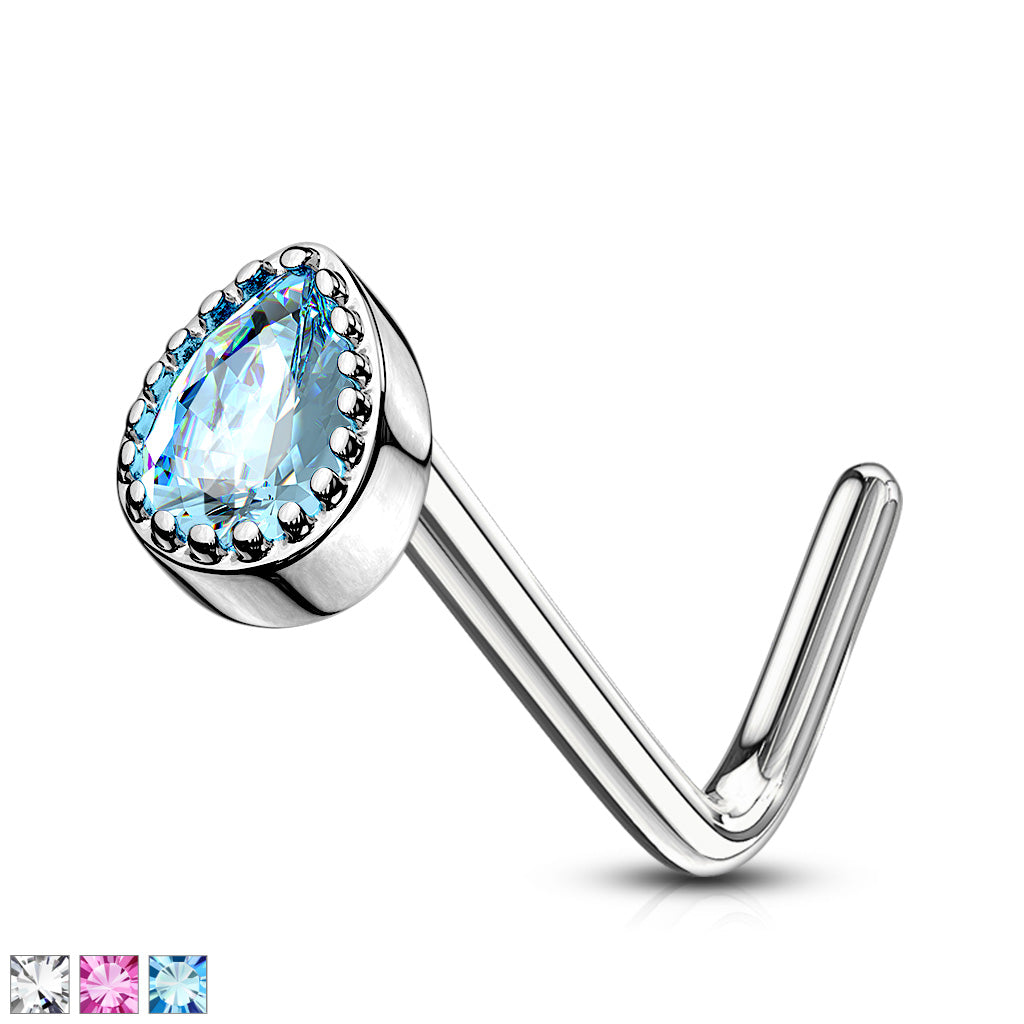 Melchior Jewellery silver L bend body jewellery with teardrop blue gem crystal nose stud elegant design