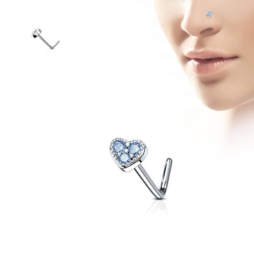 Melchior Jewellery heart shaped blue crystal nose stud elegant design on L shaped pin shown on model nose