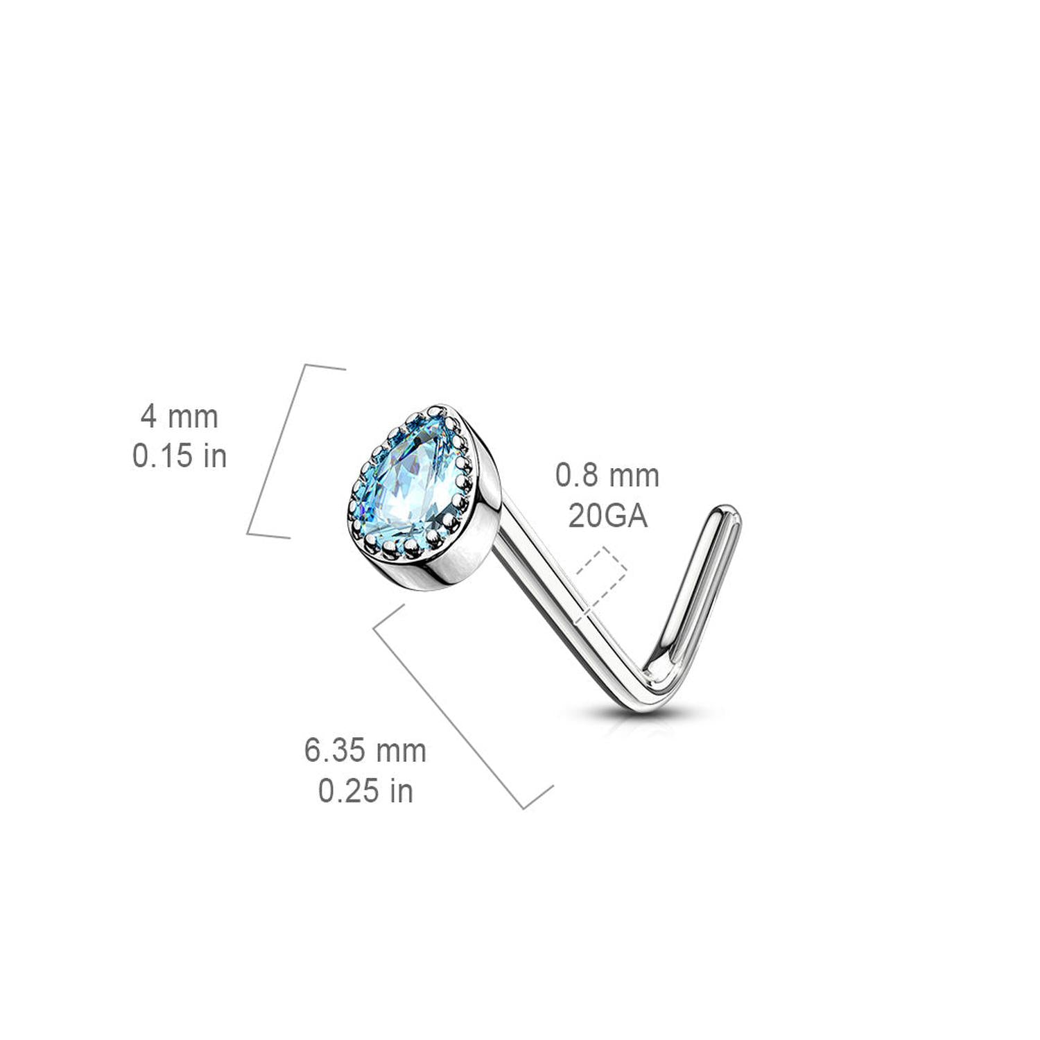 Melchior Jewellery silver L shaped crystal nose stud elegant design with blue teardrop gem and measurements