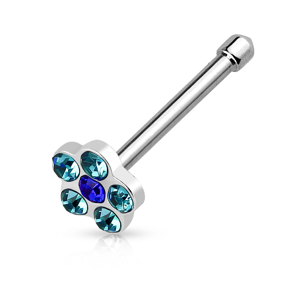 Melchior Jewellery silver flower shaped nose piercing stud with blue crystal petals and straight bar post