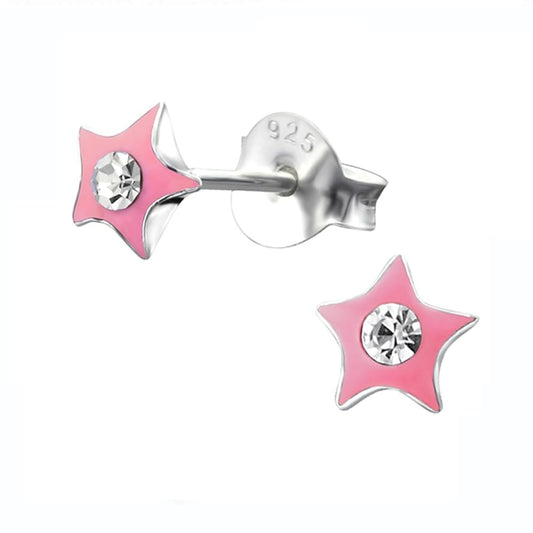 Melchior Jewellery girls' silver star earrings pink enamel studs with central crystal 925 sterling