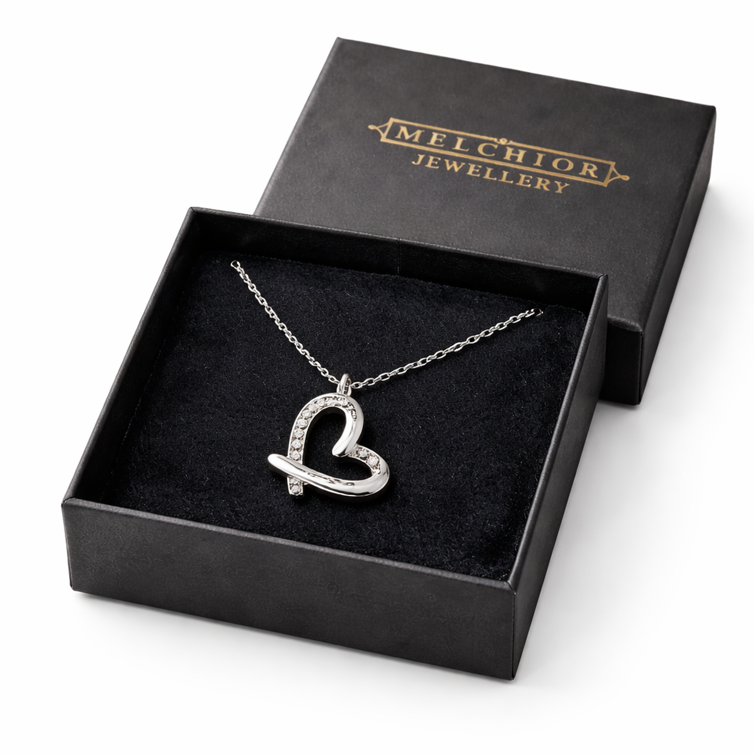Melchior Jewellery heart necklace with simulated diamonds in black gift box for women