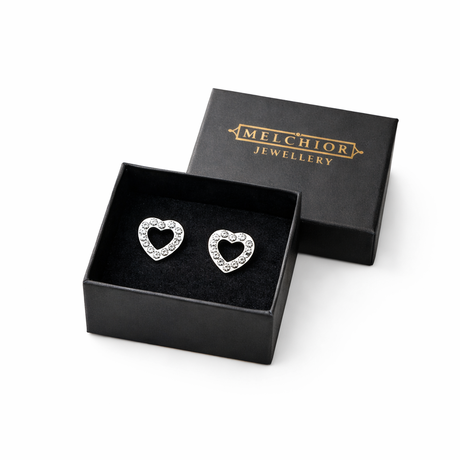 Sterling silver heart earrings for girls by Melchior Jewellery in black gift box