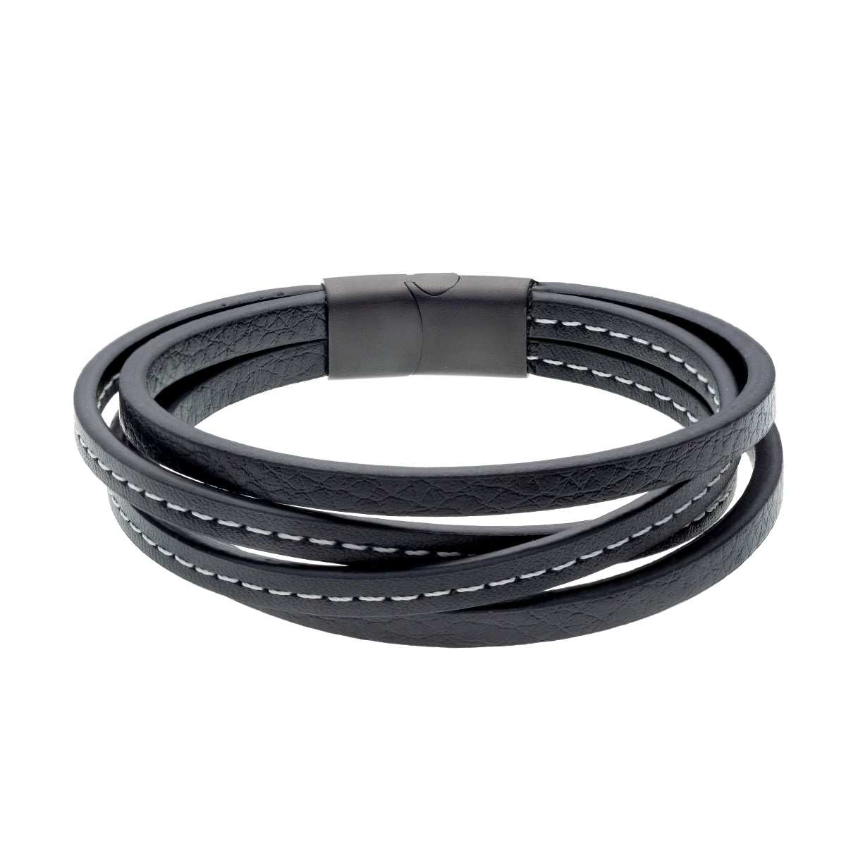 Sentiell men's leather and steel bracelet black multi strand with stitched detail and magnetic clasp