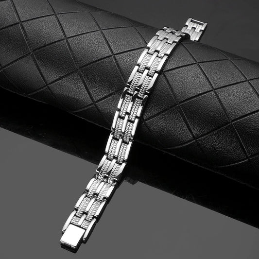 Melchior Jewellery mens silver titanium magnetic bracelet polished linked design with textured inlay on black display