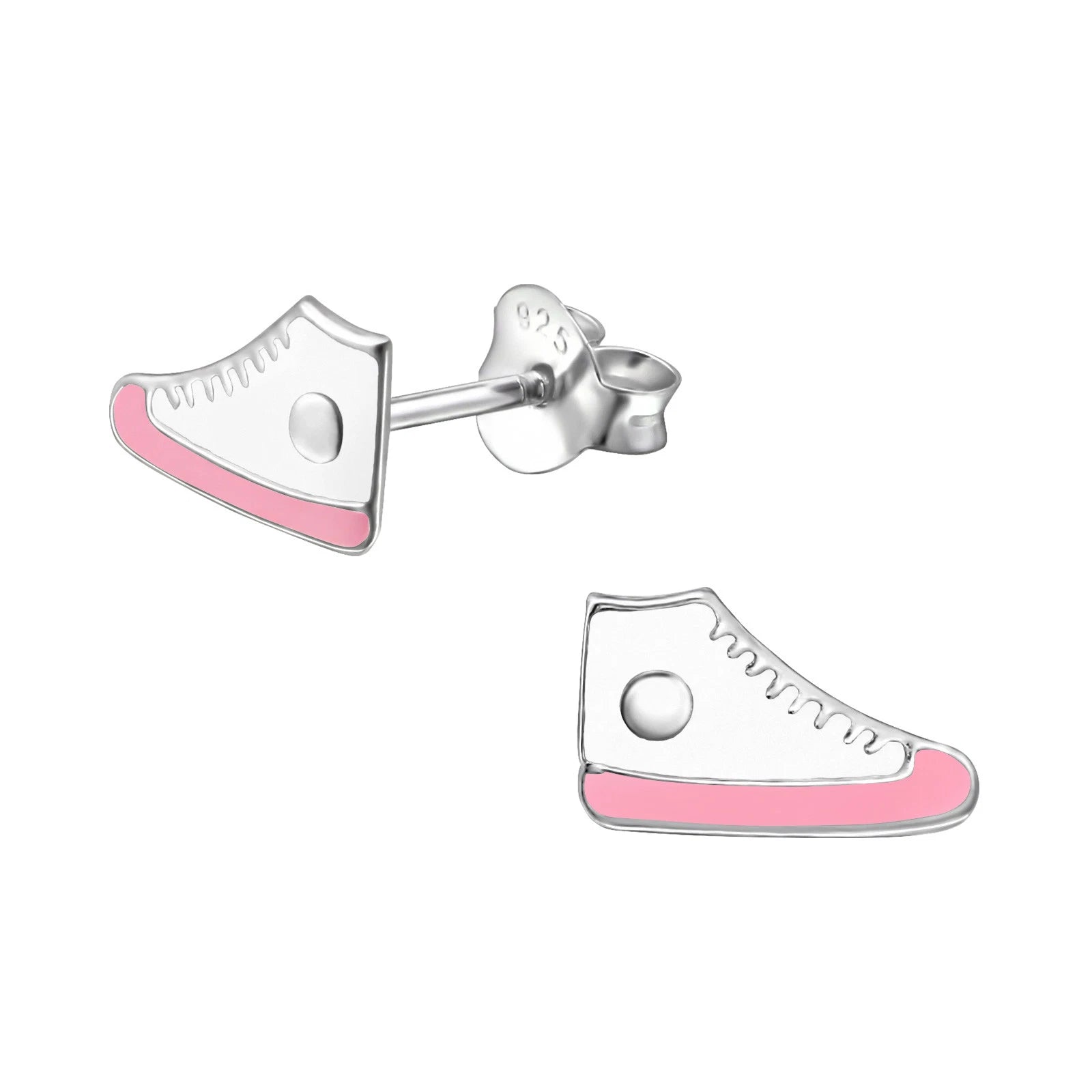 Melchior Jewellery kids silver sneaker stud earrings with pink trim pink and white shoe stud earrings