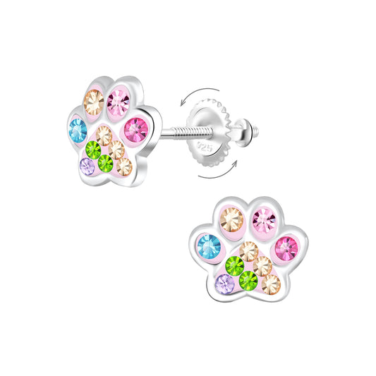 Melchior Jewellery paw shaped sterling silver rainbow crystal screw back earrings for kids with multicolour stones