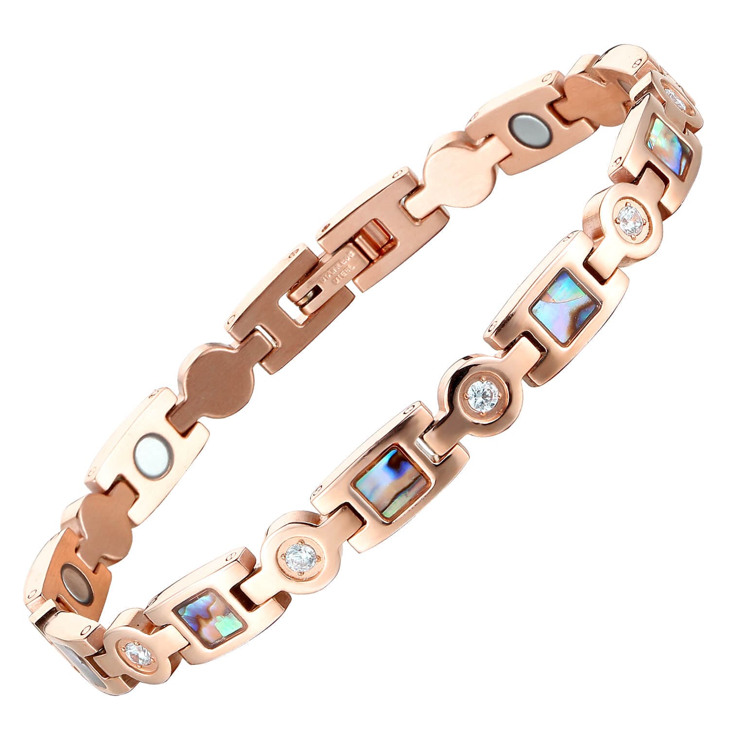 Melchior Jewellery rose gold magnetic bracelet with abalone inlay and bezel set crystals for elegant everyday wear