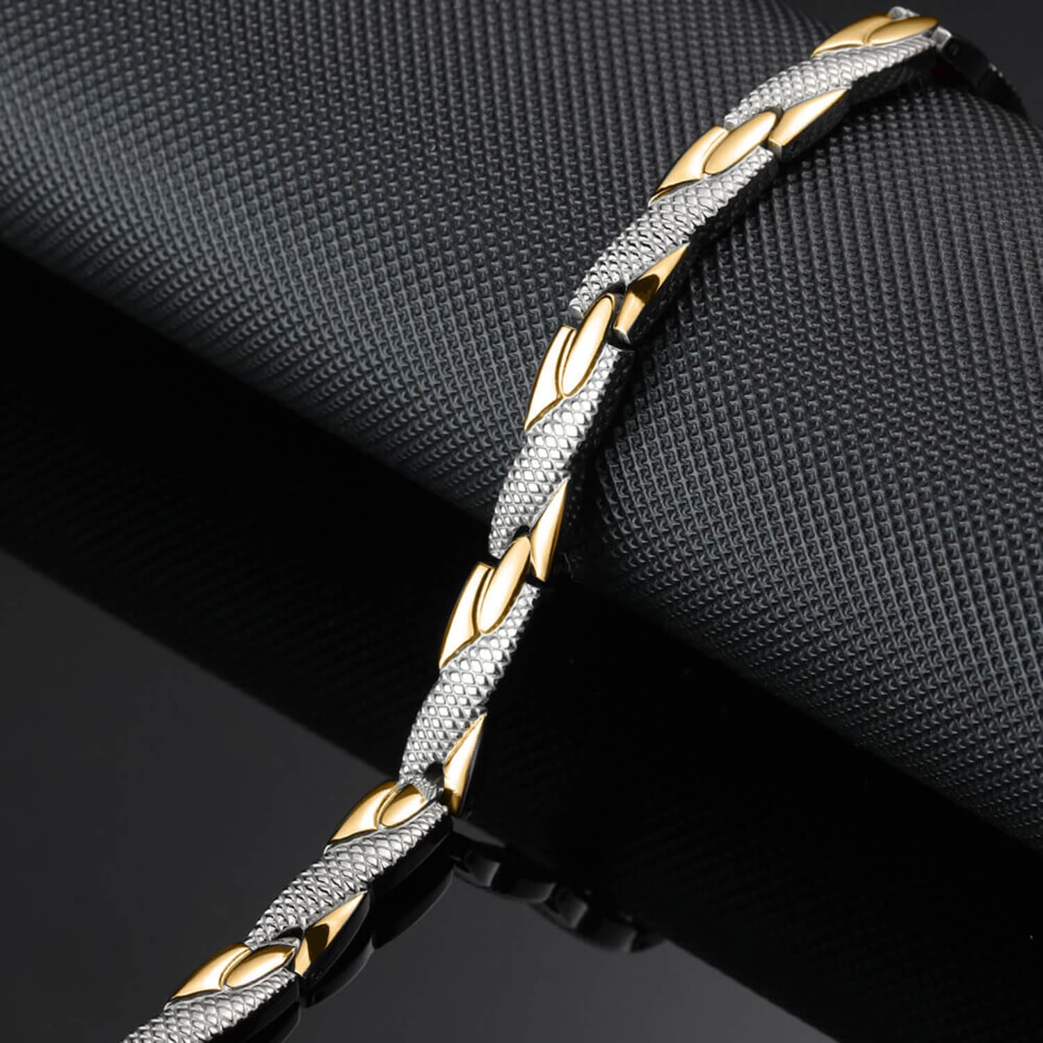 Melchior Jewellery stainless steel magnetic bracelet gold silver two tone textured silver and polished gold links