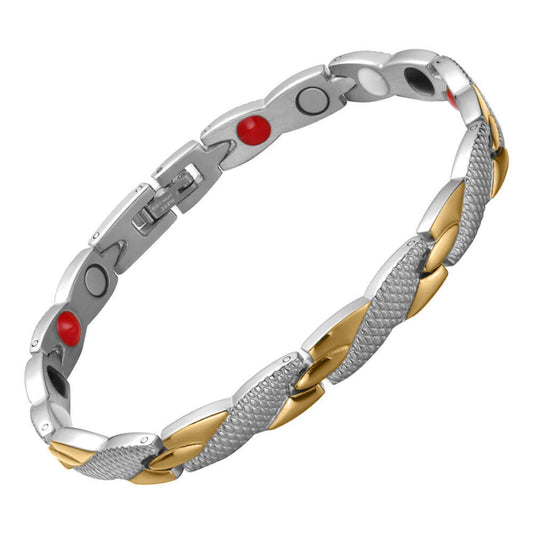 Melchior Jewellery stainless steel magnetic bracelet gold silver two tone textured link design with visible therapy magnets