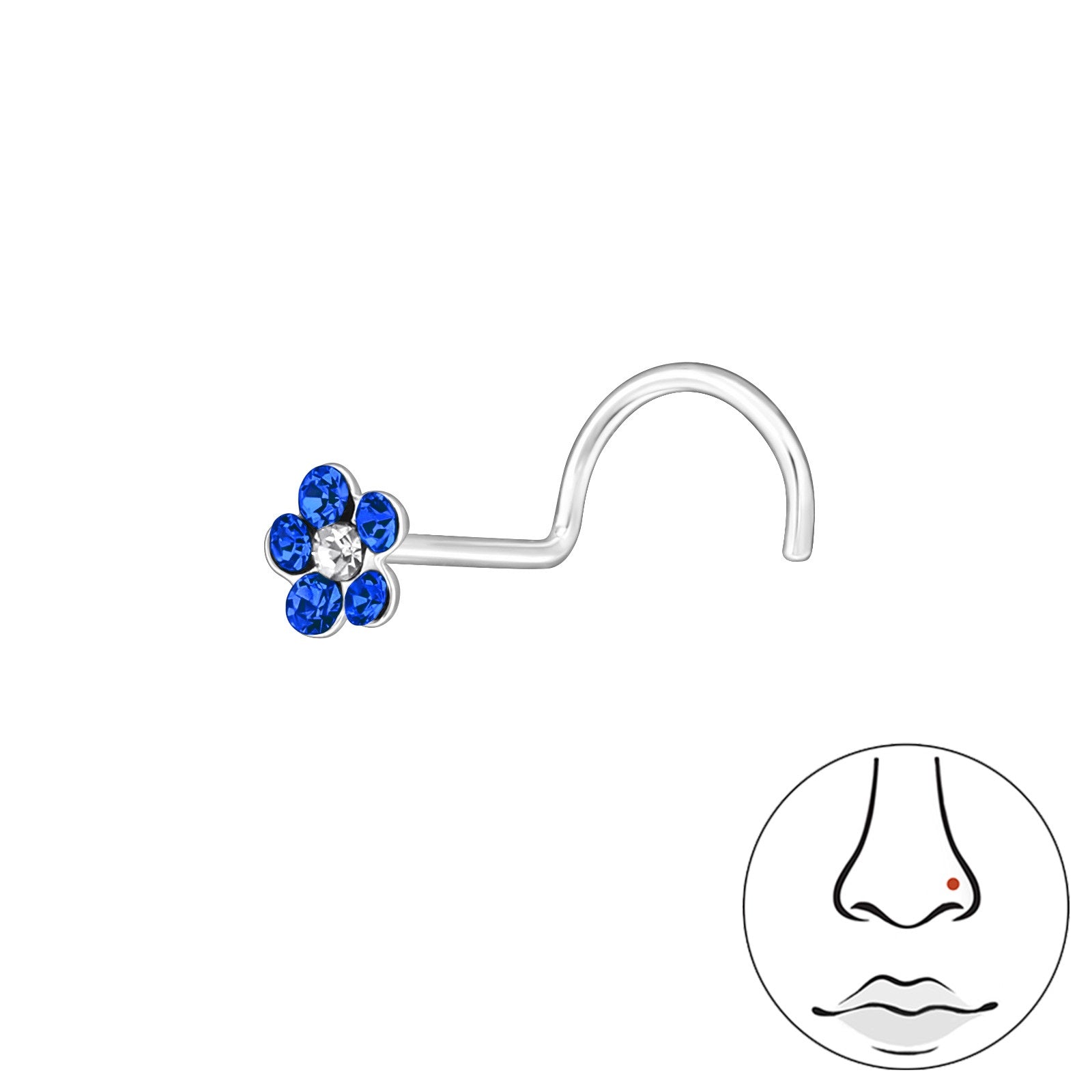 Melchior Jewellery sterling silver CZ flower nose screw with blue petal stones and clear centre for discreet wear