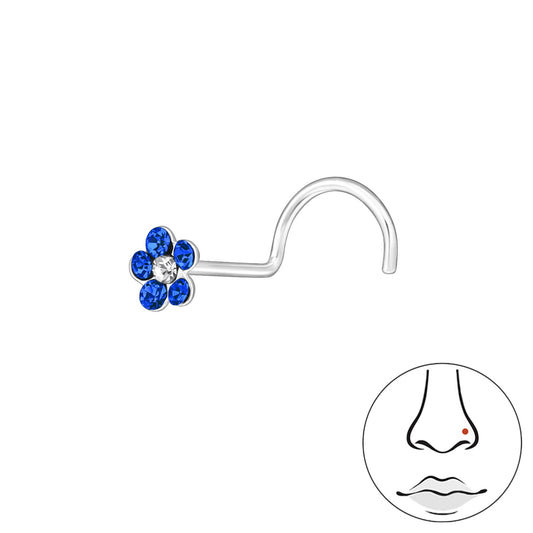 Melchior Jewellery sterling silver CZ flower nose screw with blue petal stones and clear centre for discreet wear