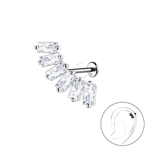 Melchior Jewellery sterling silver labret stud with rectangular clear gemstones for ear cartilage piercing