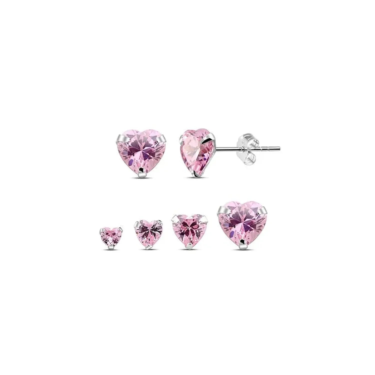 Melchior Jewellery sterling silver pink heart stud earrings set showing four sizes of pink crystal heart studs
