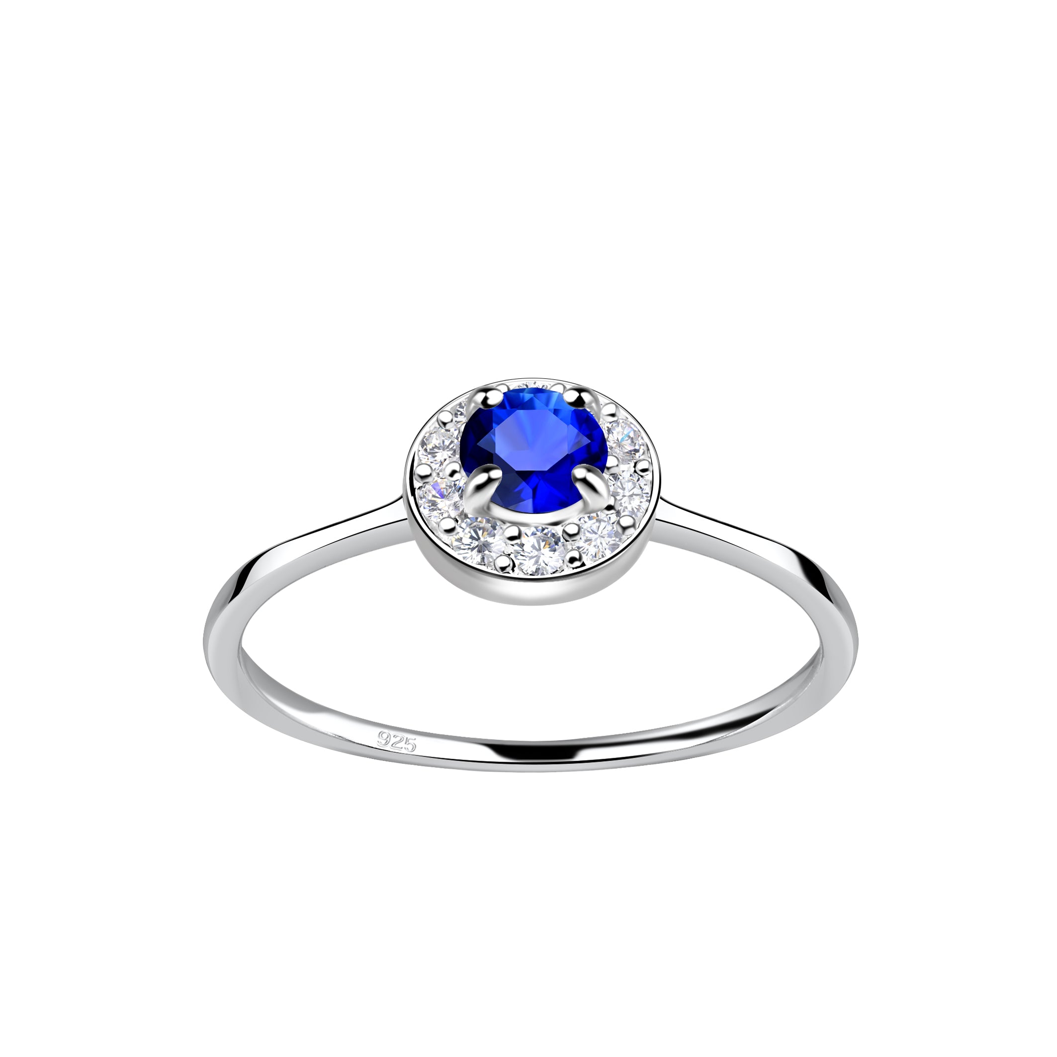 Melchior Jewellery sterling silver sapphire ring with round blue sapphire and halo of clear stones on slim band