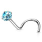 Melchior Jewellery surgical steel crystal nose screw with aquamarine round gem and curved screw stem