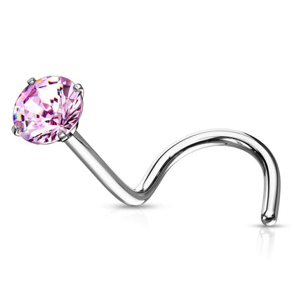 Melchior Jewellery surgical steel crystal nose screw with prong set pink round faceted gem for nostril