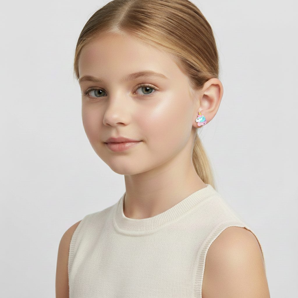 Melchior Jewellery unicorn earrings for kids worn by a young girl with blonde hair in a white top