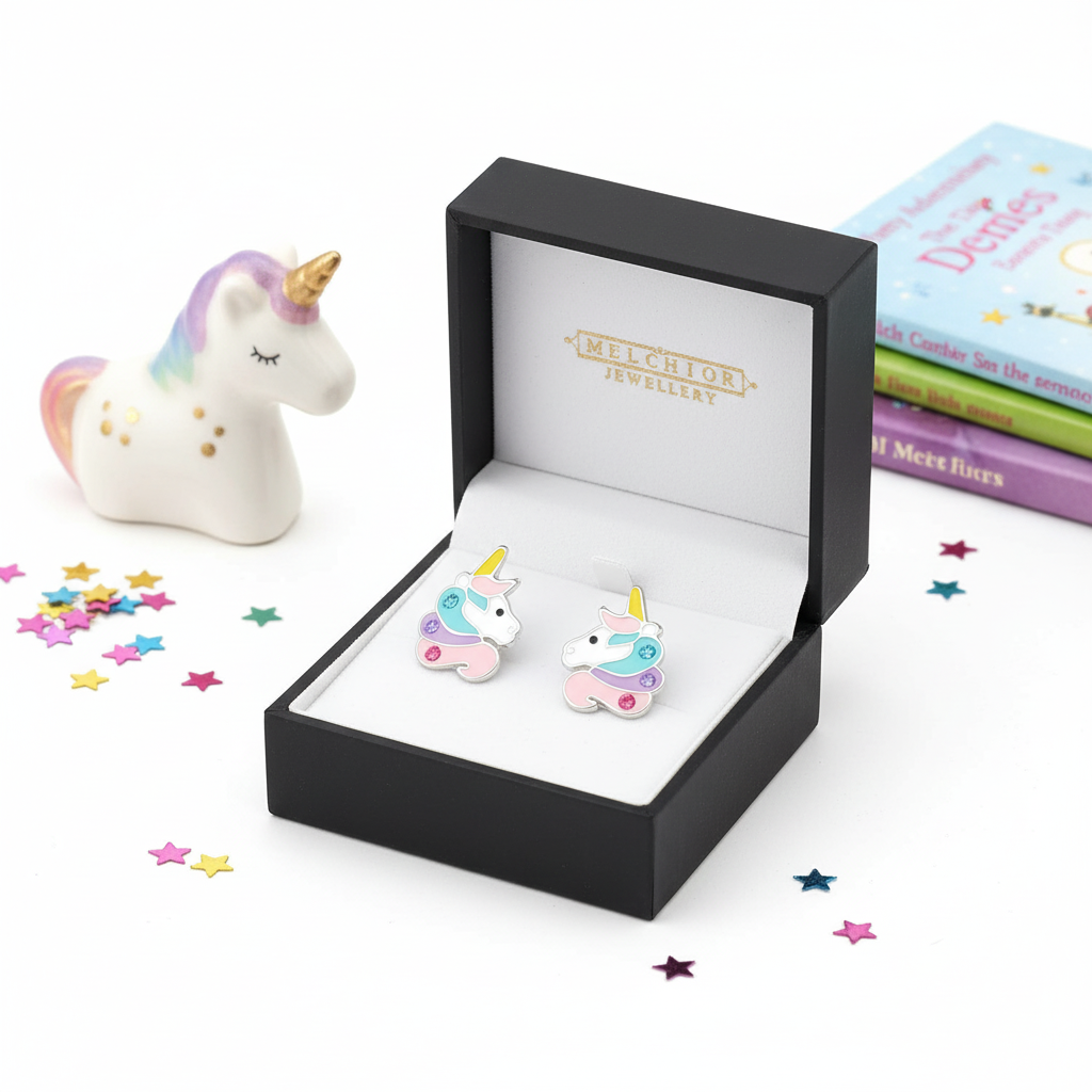 Unicorn earrings for kids by Melchior Jewellery in a black gift box with colourful unicorn design