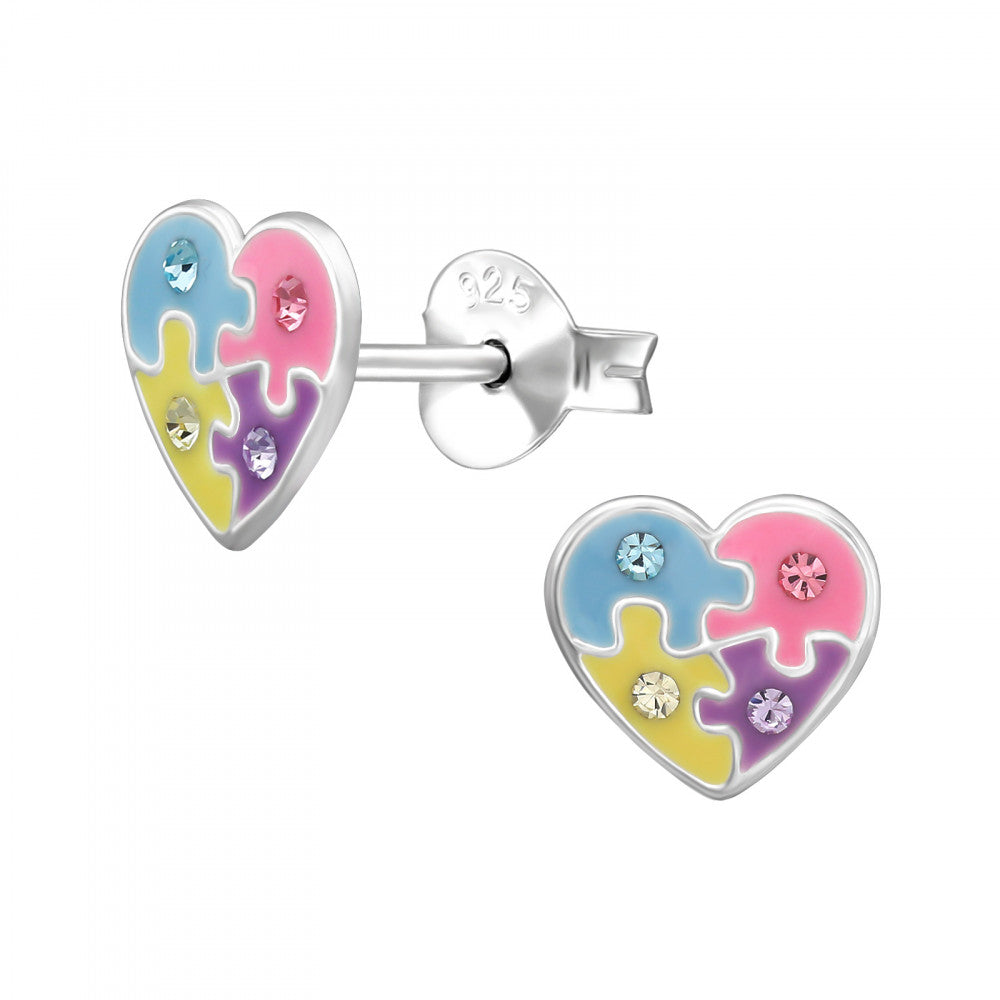 Melchior Jewellery Jigsaw Heart Stud Earrings with pastel blue pink yellow and purple enamel and sparkling crystals
