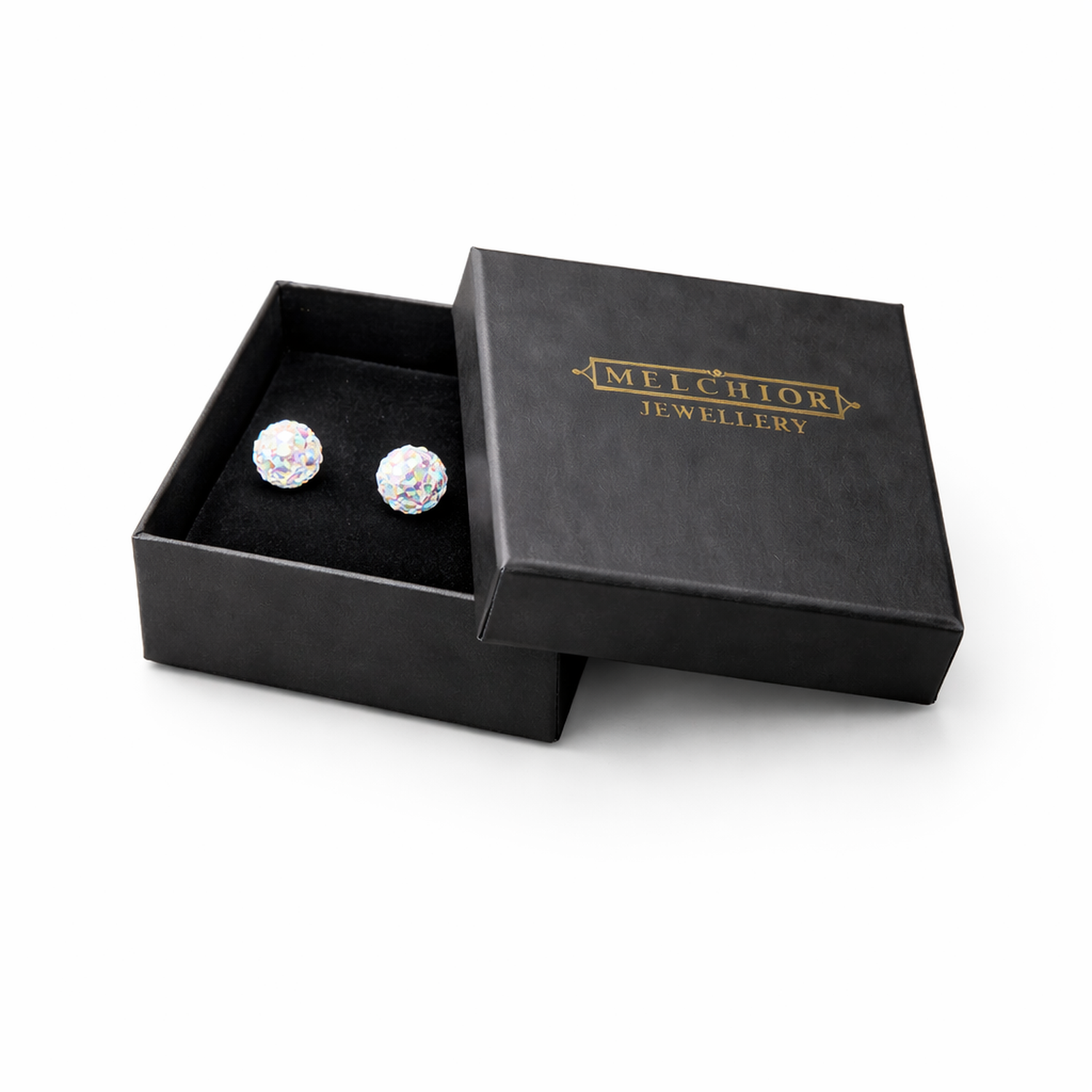 Kids AB crystal stud earrings by Melchior Jewellery in black gift box with gold logo
