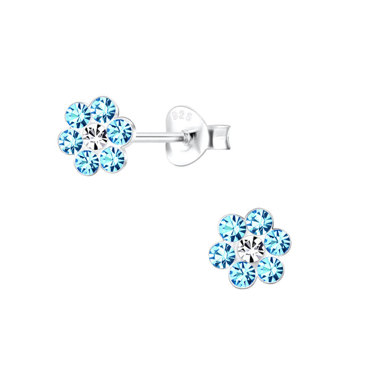 Melchior Jewellery kids aqua diamante stud earrings with blue flower design for children
