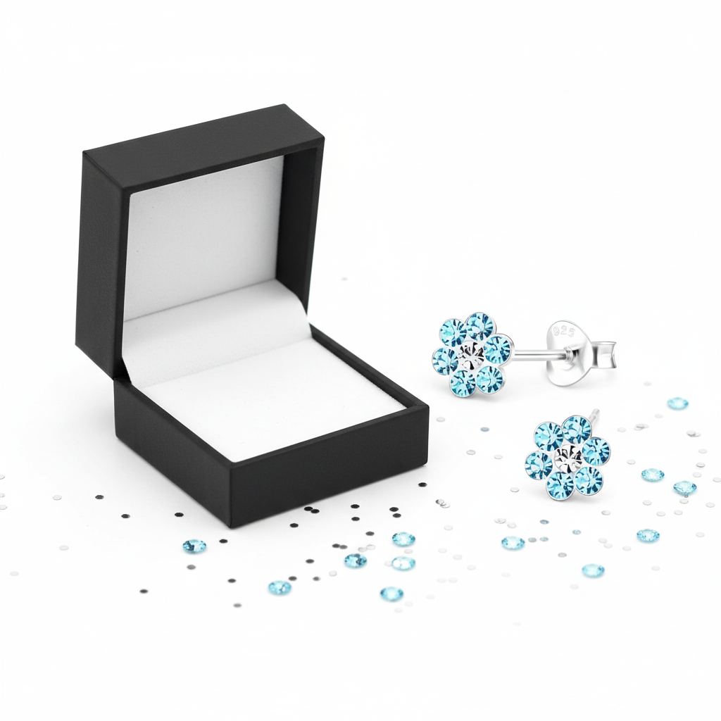 Kids aqua diamante stud earrings in flower design with silver setting next to black jewellery box by Melchior Jewellery