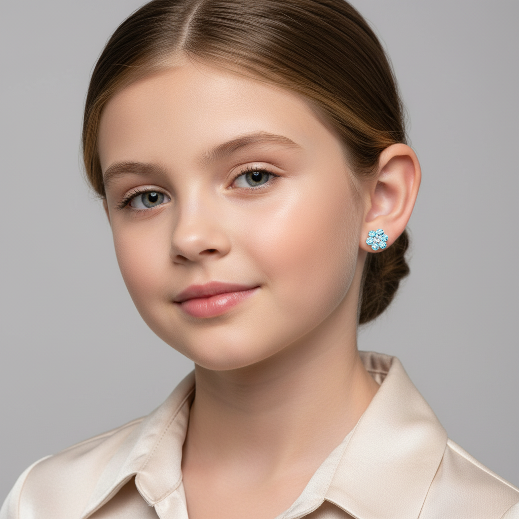 Melchior Jewellery kids aqua diamante stud earrings worn by young girl with sleek hair