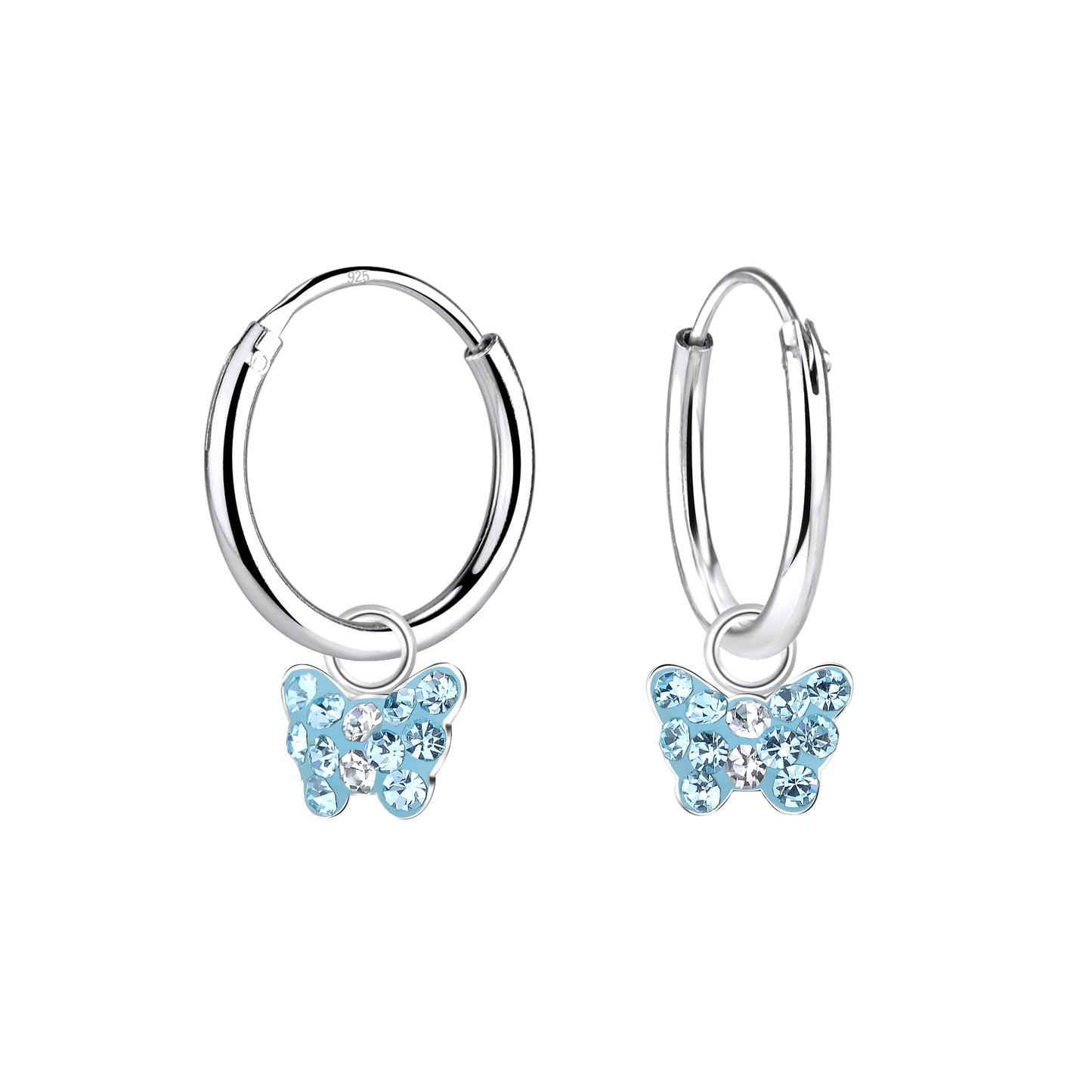 Melchior Jewellery kids blue butterfly hoop earrings with silver hoops and sparkling blue butterfly charms