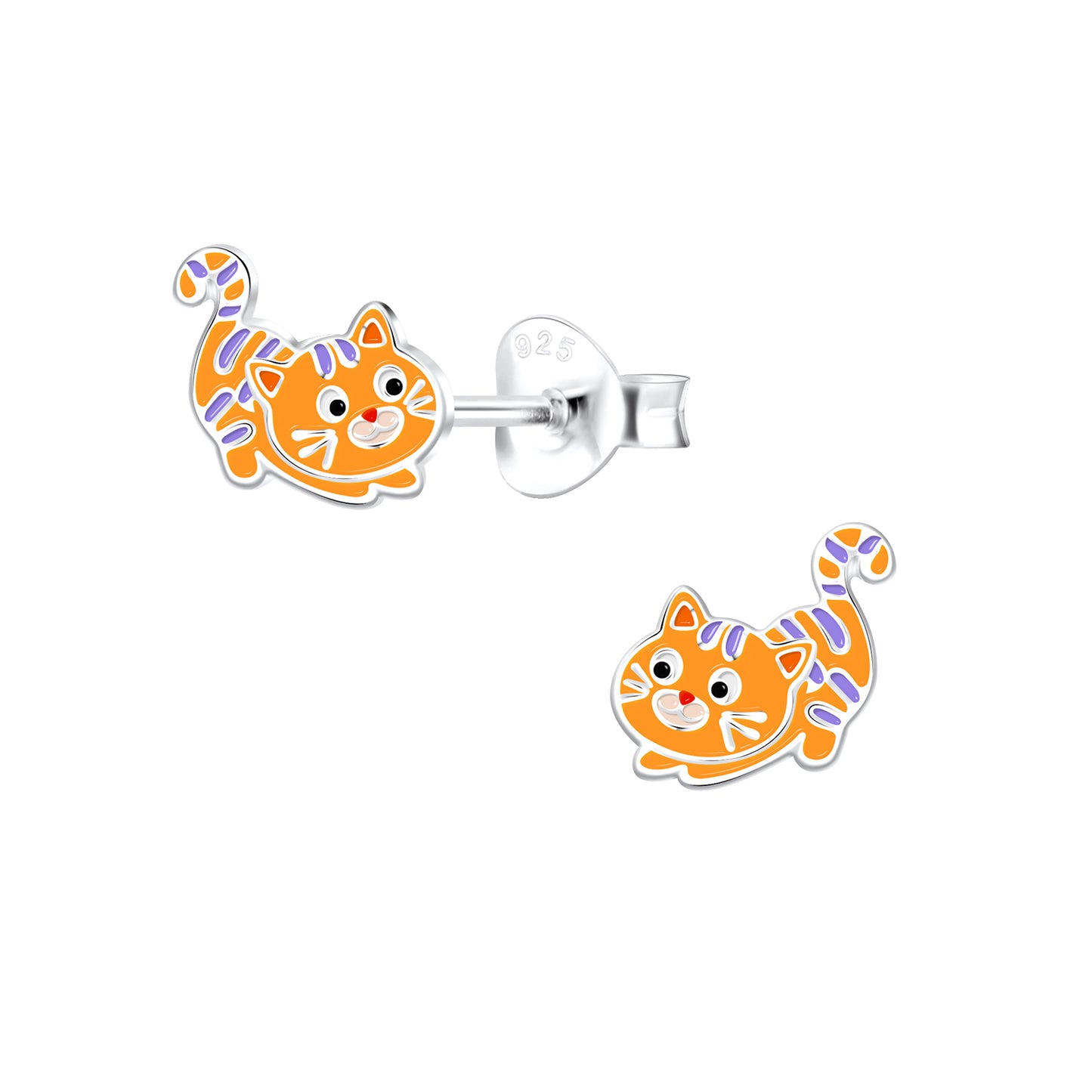 Melchior Jewellery kids cat stud earrings silver with orange and purple enamel design