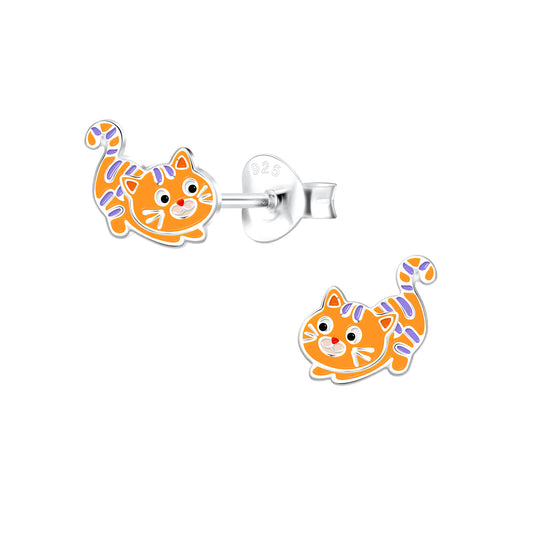 Melchior Jewellery kids cat stud earrings silver with orange and purple enamel design
