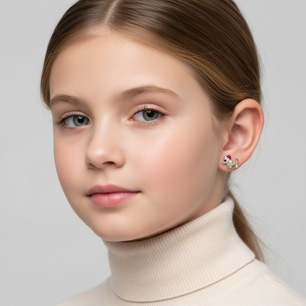 Girl wearing Melchior Jewellery kids Christmas dog stud earrings with festive design and colourful details