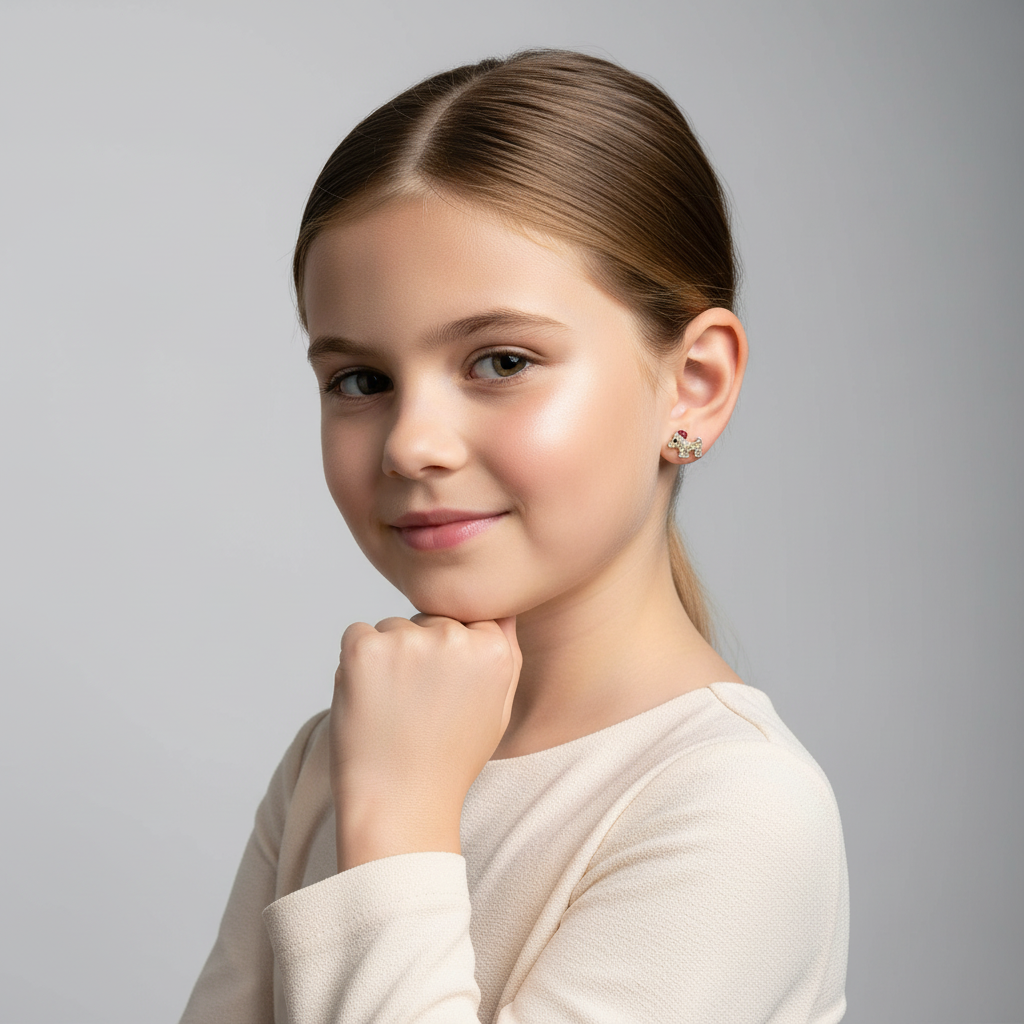 Young girl wearing kids Christmas dog stud earrings by Melchior Jewellery with a soft smile