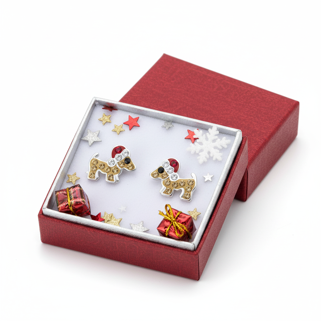 Melchior Jewellery kids Christmas dog stud earrings in red gift box with festive decorations