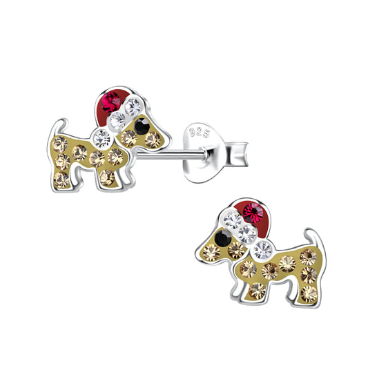 Melchior Jewellery kids Christmas dog stud earrings with festive coloured stones on silver studs