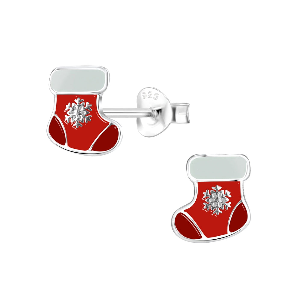 Melchior Jewellery kids Christmas stocking stud earrings in red and silver with snowflake detail