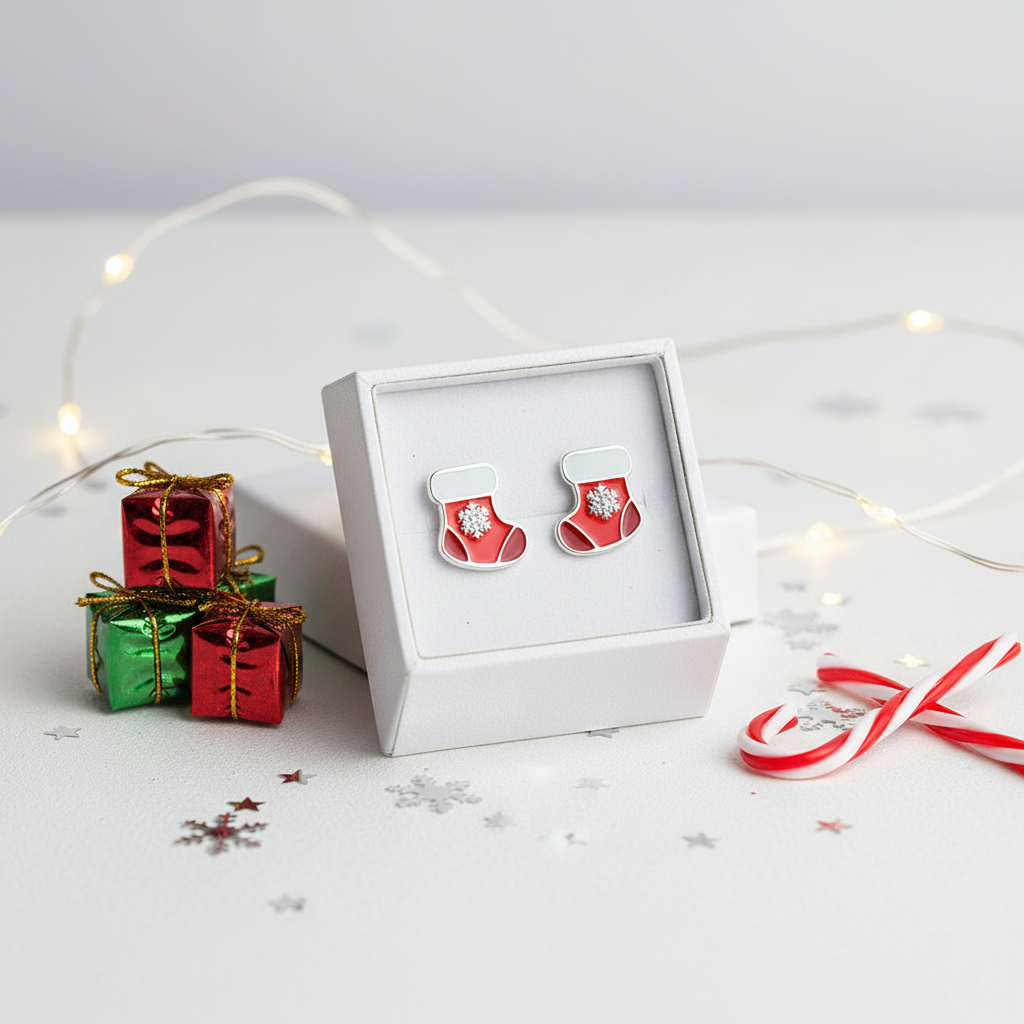 Melchior Jewellery kids Christmas stocking stud earrings in red and white displayed in a white gift box with festive decorations
