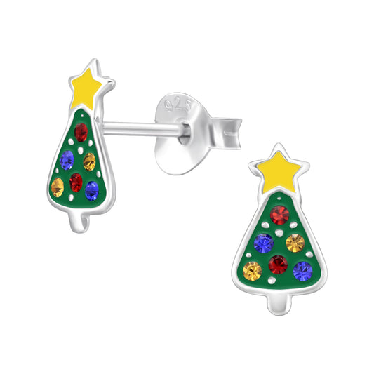 Melchior Jewellery kids Christmas tree stud earrings with colourful gemstones and yellow star detail