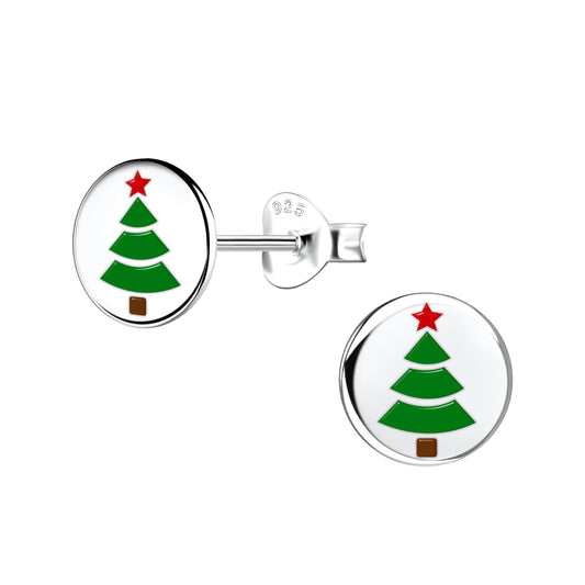 Melchior Jewellery kids Christmas tree stud earrings in silver with green tree and red star design