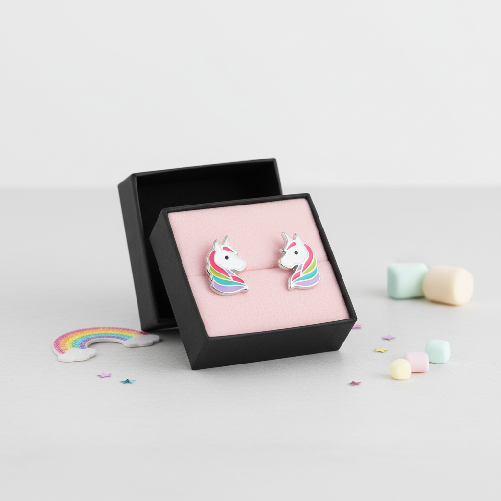 Melchior Jewellery kids colourful unicorn screw back studs in a black gift box with rainbow details